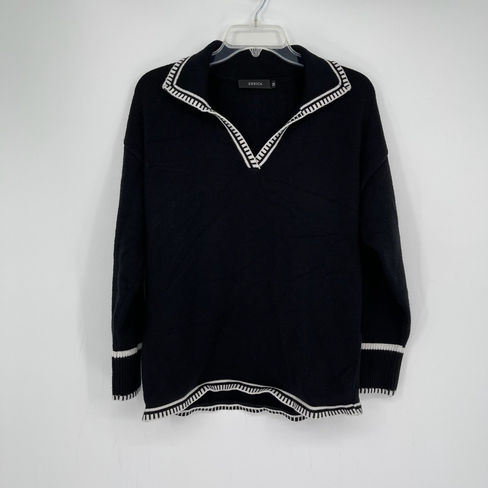 ZESICA Women's Black Contrast Trim V-Neck Pullover Sweater Size Medium